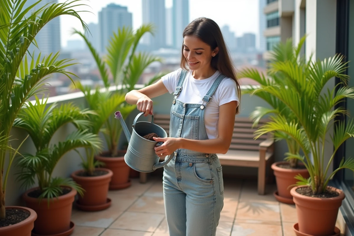 Jeune femme mélangeant fertilisant près de palmiers en pot sur balcon