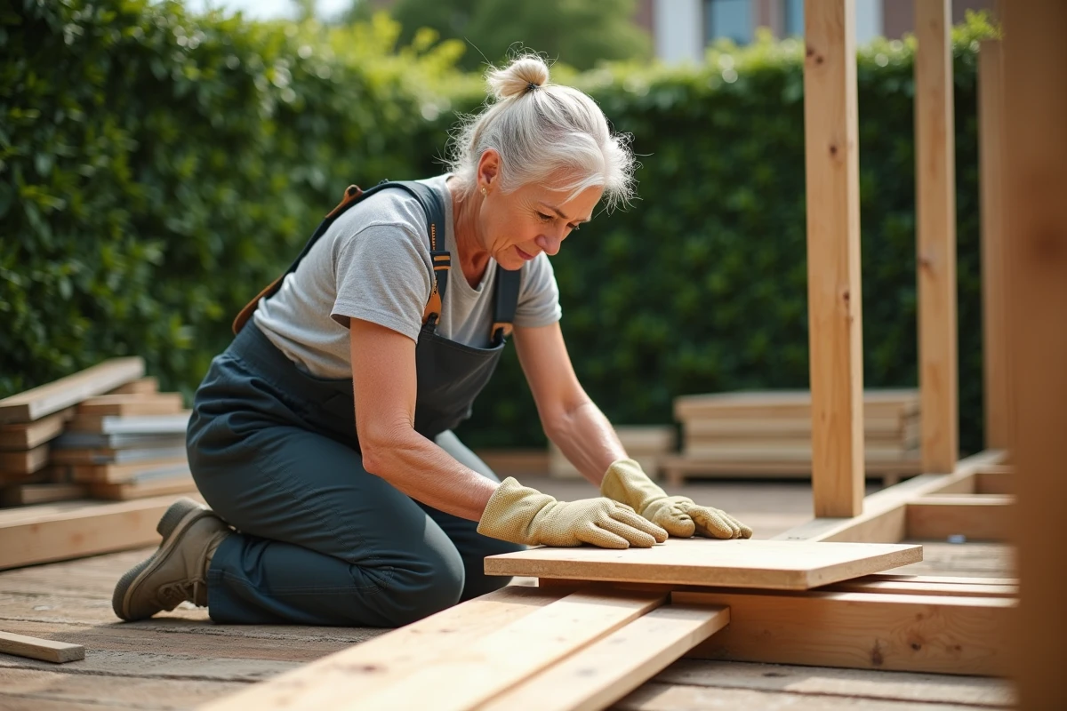 Femme en overalls posant une planche de bois dans le jardin