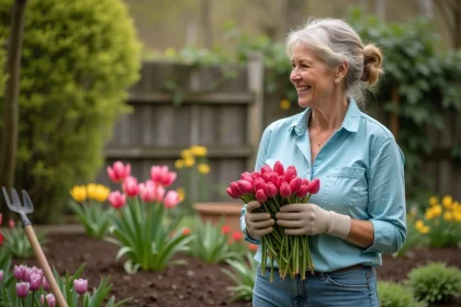 Femme en jardinage tenant des bulbes de printemps souriante