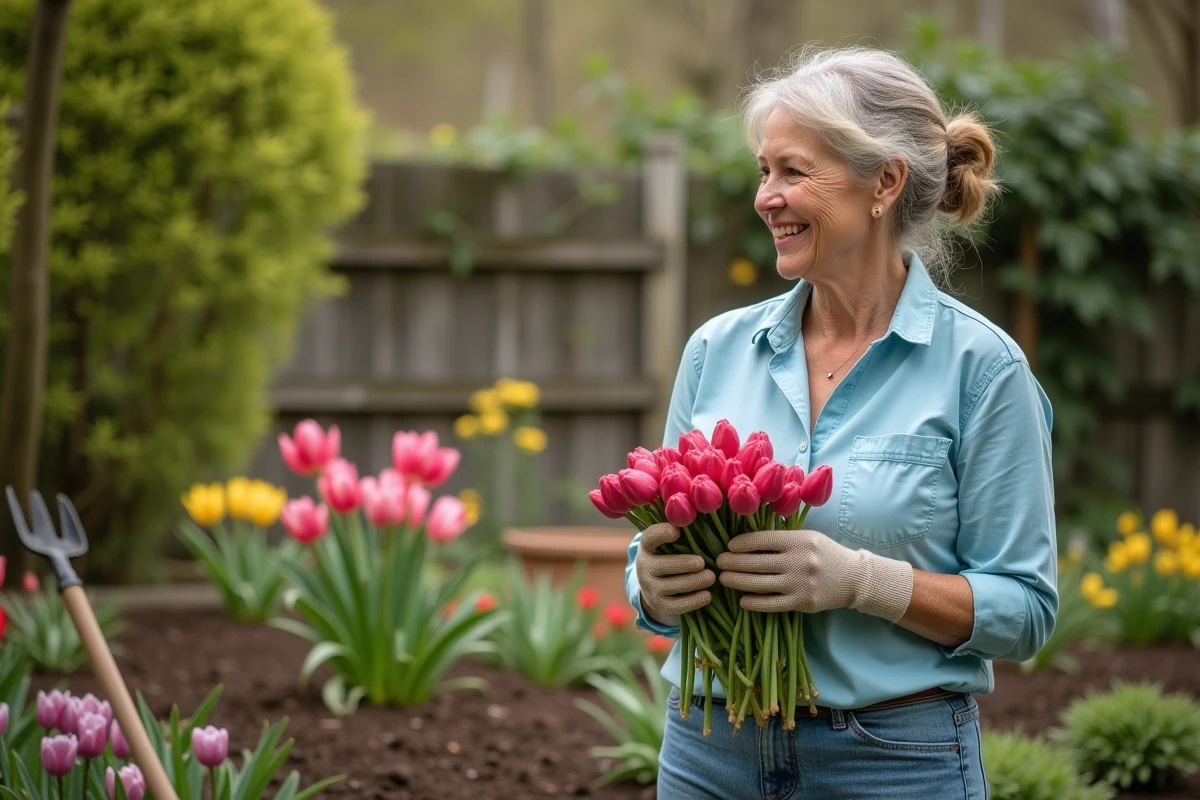 Femme en jardinage tenant des bulbes de printemps souriante