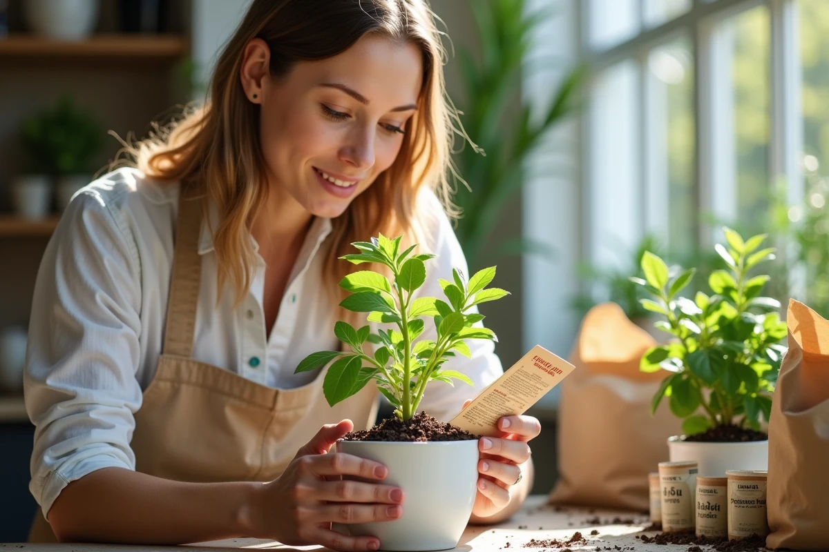 Femme jardinière examinant un plant de lisianthus en pot avec des sachets d'engrais et de terreau sur une table de rempotage intérieure