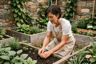Femme jardinant dans un potager en permaculture avec des plants de légumes en buttes surélevées
