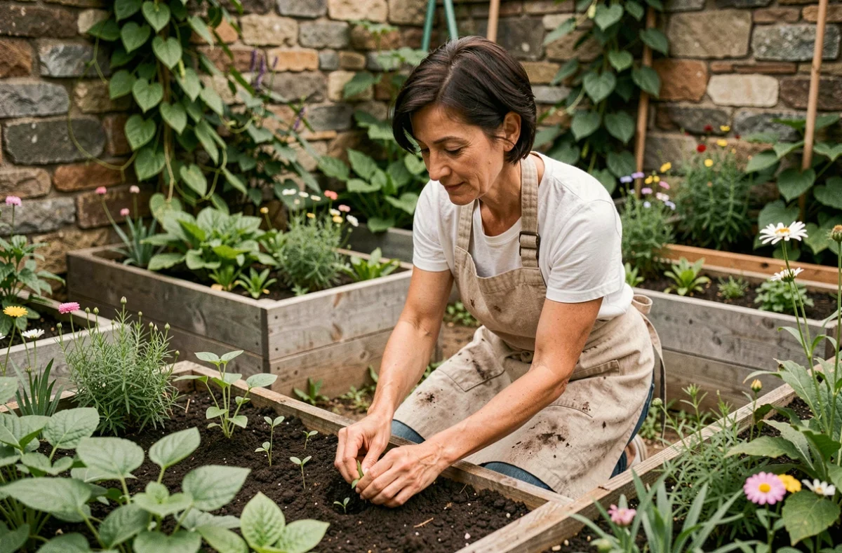 Femme jardinant dans un potager en permaculture avec des plants de légumes en buttes surélevées