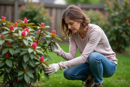 Femme inspectant des feuilles de rhododendron en jardinage