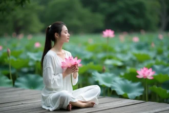 Femme en méditation près d'un étang de lotus en nature