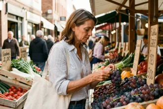 Femme inspectant des raisins frais sur un étal de marché de fruits et légumes en plein air