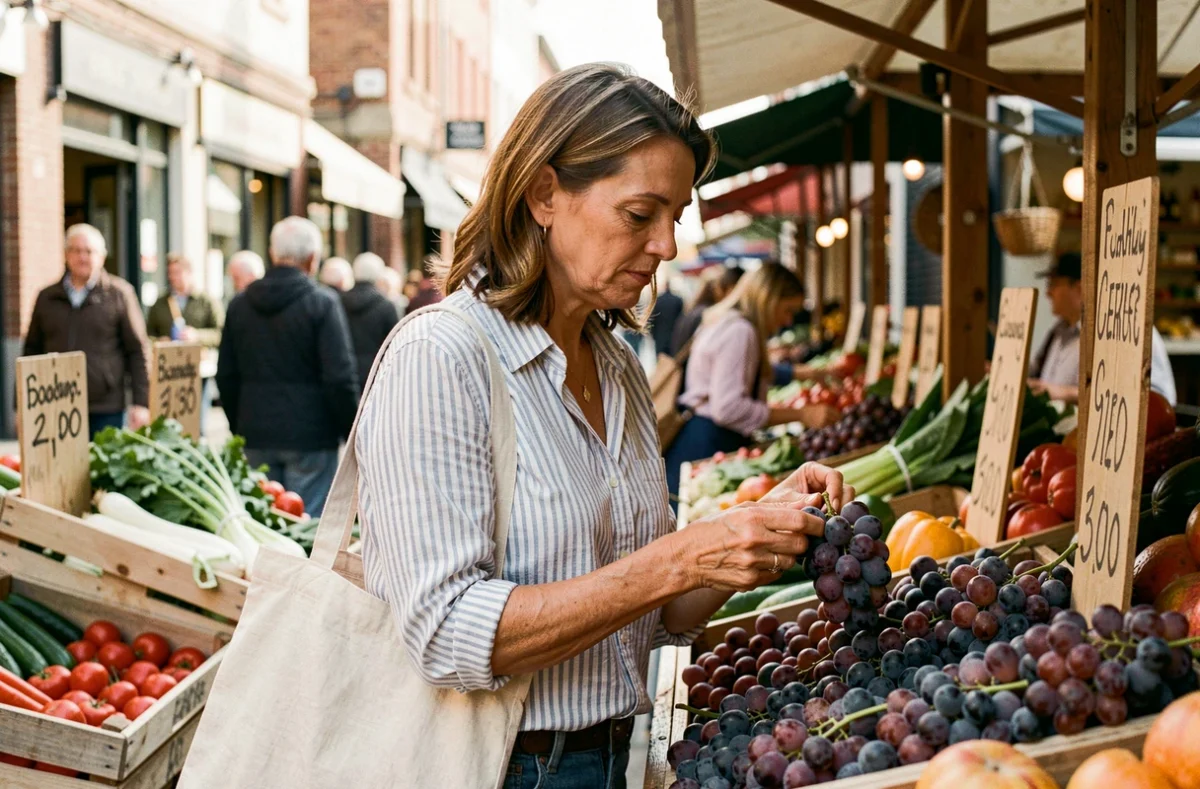 Femme inspectant des raisins frais sur un étal de marché de fruits et légumes en plein air