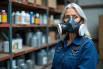 Femme en combinaison de travail avec masque ventilé dans un atelier