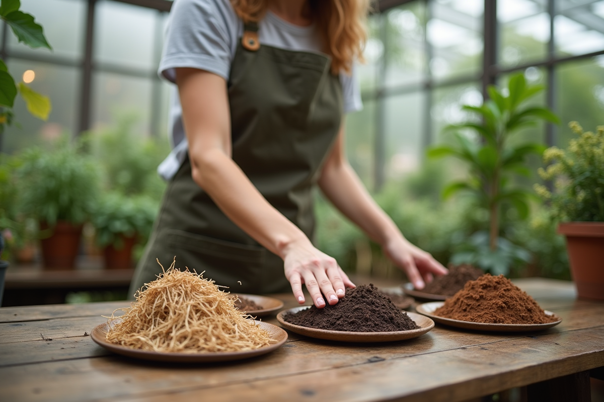 Jeune femme vérifie des échantillons de paillis dans une serre