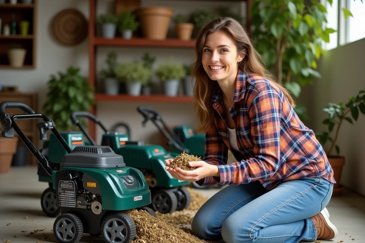Femme souriante inspectant le mulch dans un garage pratique
