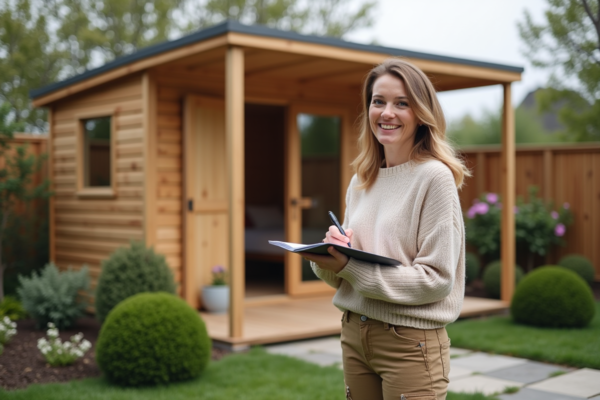 Femme souriante prenant notes devant cabanon