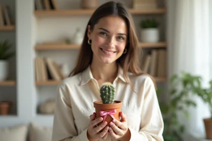 Jeune femme tenant un petit cactus en pot avec un ruban rose dans un salon scandinave chaleureux, symbolisant un cadeau original et sa signification
