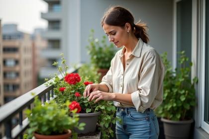 Jeune femme arrangeant des plantes sur un balcon urbain