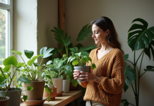 Femme d'âge moyen arrangeant des plantes en pot dans un salon chaleureux