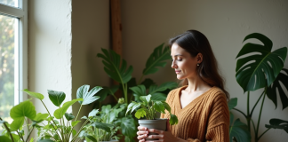 Femme d'âge moyen arrangeant des plantes en pot dans un salon chaleureux