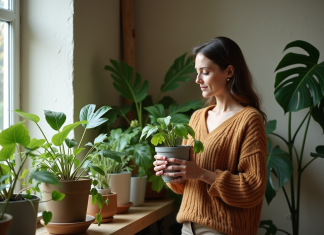 Plante à l’ombre : quelles espèces pour un coin sombre ? Femme d'âge moyen arrangeant des plantes en pot dans un salon chaleureux