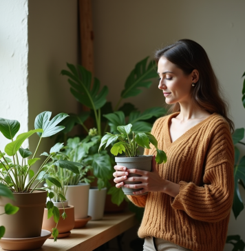 Plante à l’ombre : quelles espèces pour un coin sombre ? Femme d'âge moyen arrangeant des plantes en pot dans un salon chaleureux