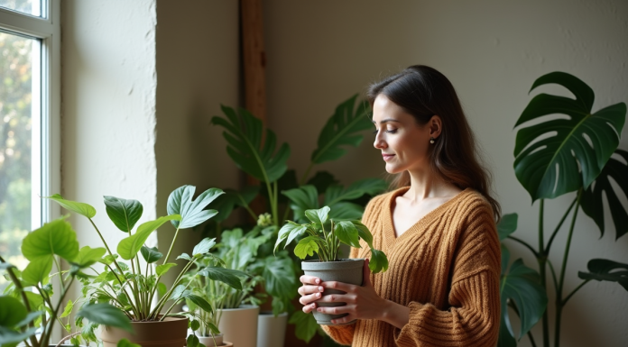 Femme d'âge moyen arrangeant des plantes en pot dans un salon chaleureux