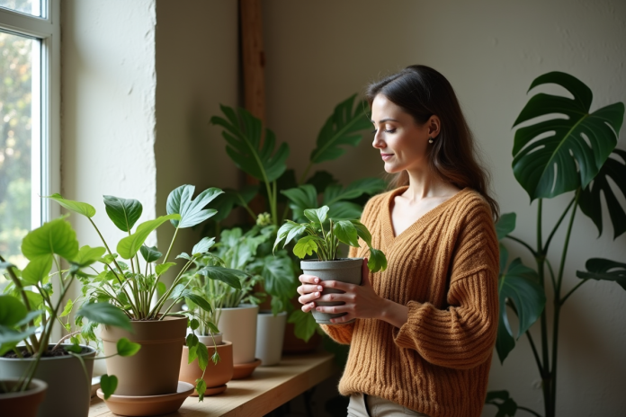 Femme d'âge moyen arrangeant des plantes en pot dans un salon chaleureux