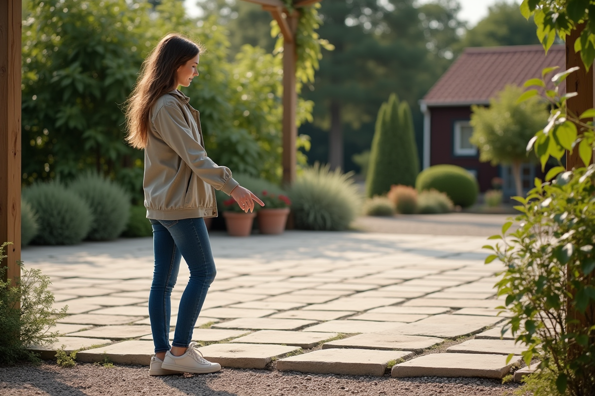 Jeune femme pointant des pavés dans un jardin rural