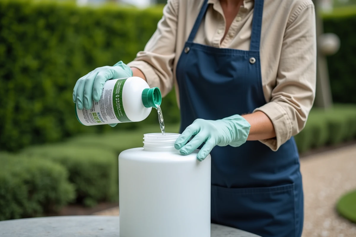 Femme portant des gants de protection versant le bon dosage de Roundup dans un pulvérisateur de jardin de 5 litres sur une terrasse