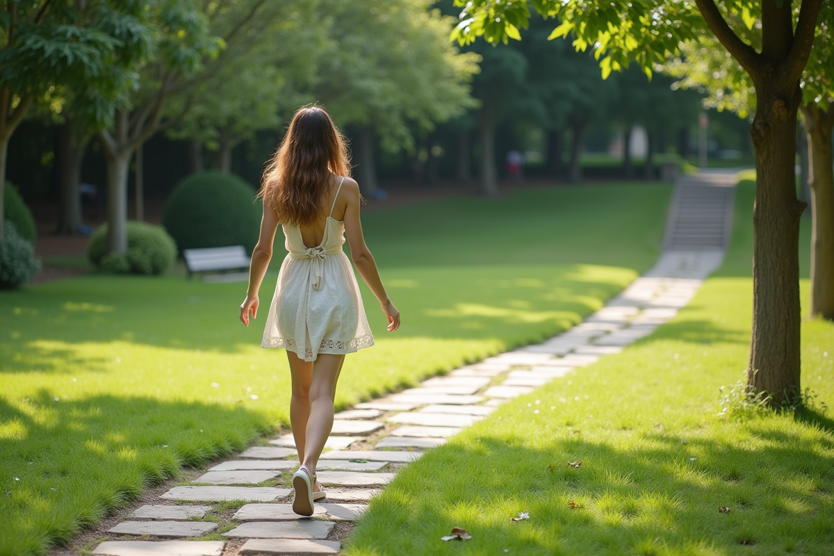 Jeune femme marchant sur différentes pelouses en jardin botanique