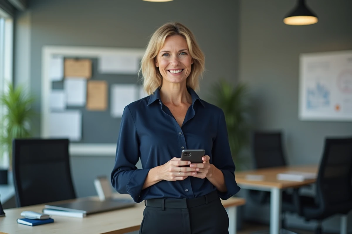 Femme en tenue professionnelle dans un bureau moderne