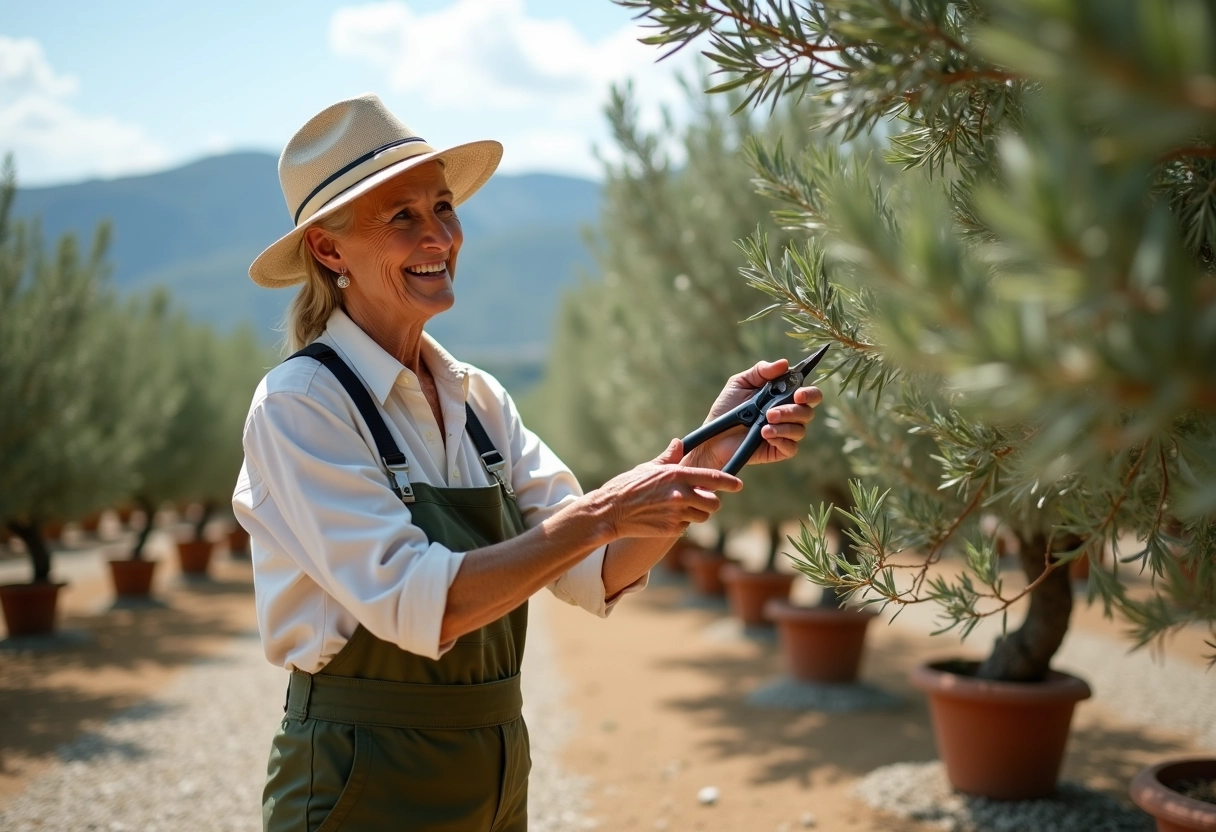 Femme âgée taillant des jeunes pousses d