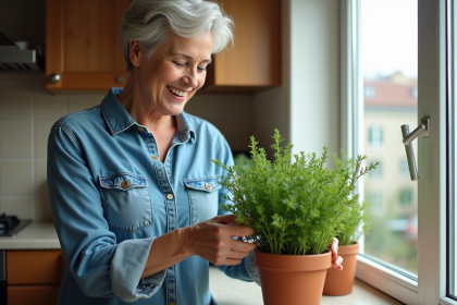 Femme taillant un thym dans la cuisine lumineuse
