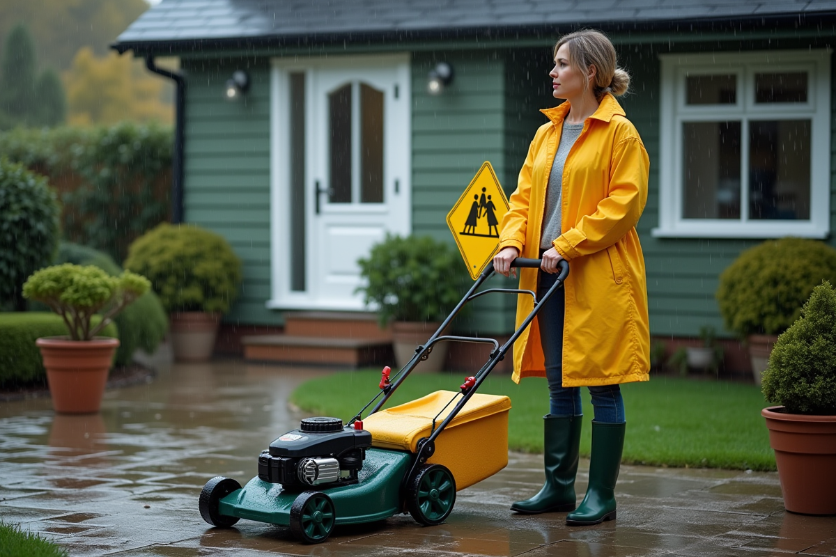 Femme en imperméable tenant un panneau de sécurité près de la tondeuse mouillée