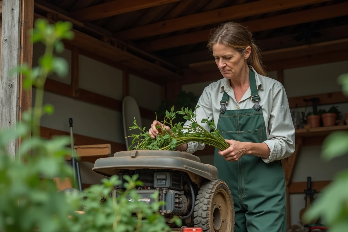 Femme utilisant un broyeur maison pour traiter des branches feuillues