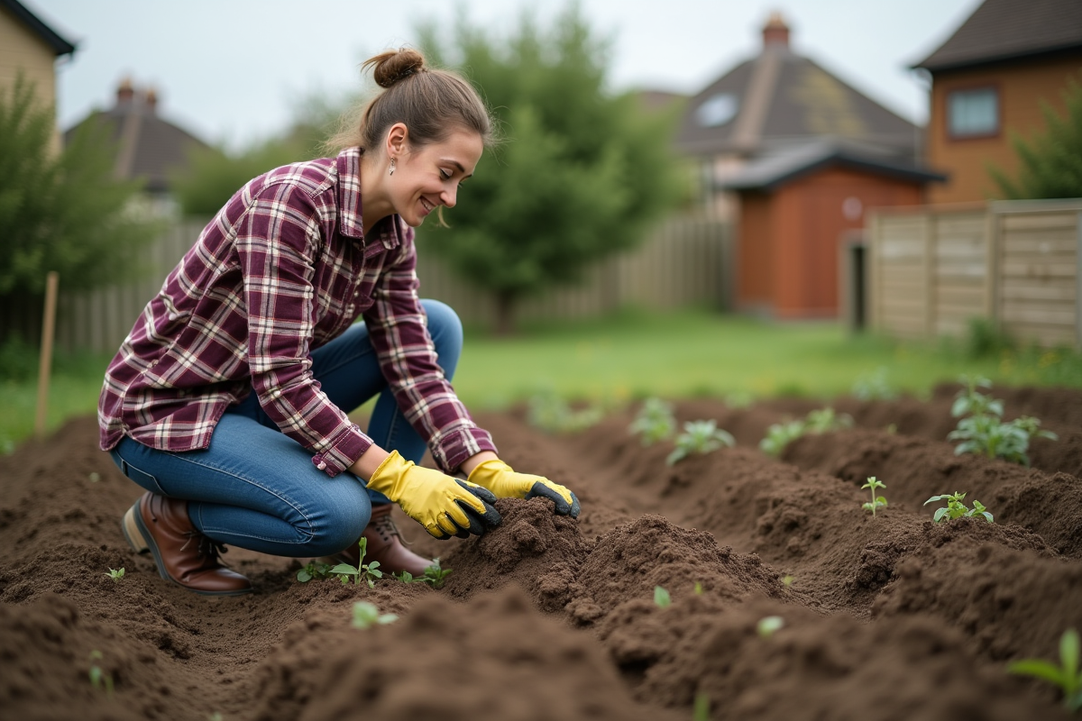 Femme inspectant la terre après le rototiller dans un jardin