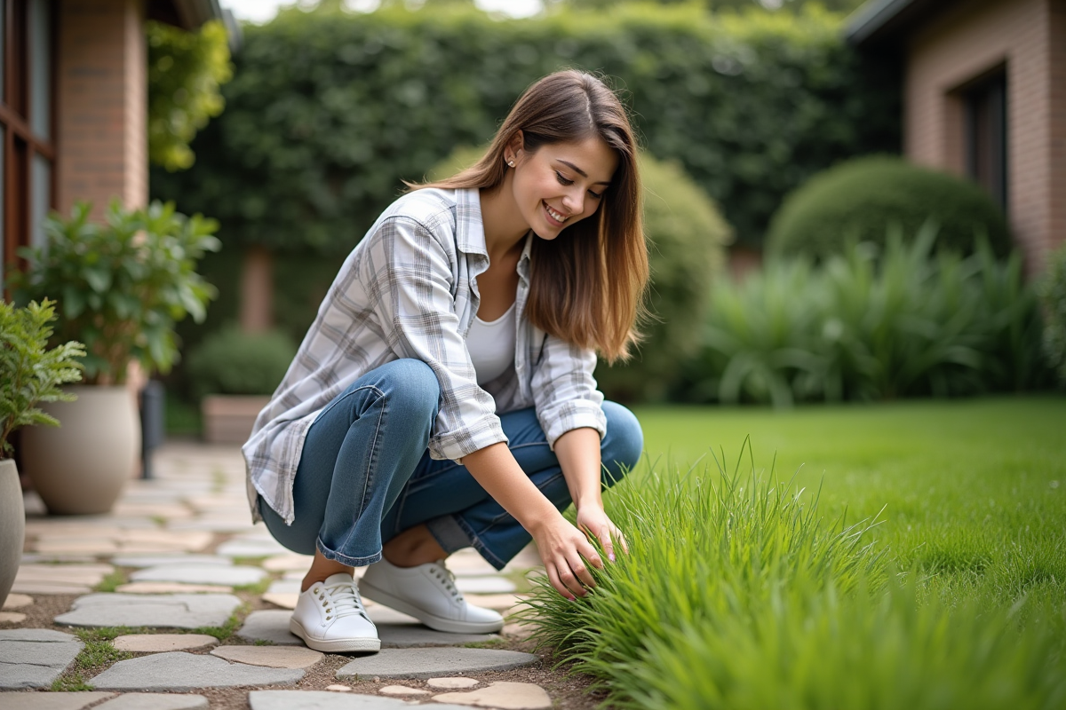 Jeune femme inspectant la pelouse dans son jardin en été