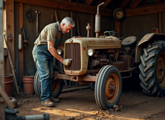 Guide exhaustif pour l’entretien du matériel agricole d’occasion pour particuliers Fermeur nettoyant un vieux tracteur en ferme ensoleillee