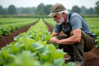 Fermeur vérifiant jeunes plants dans un champ agricole