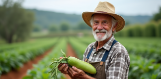 Vieux fermier souriant avec gousse de fève ancienne