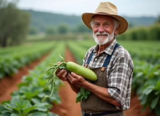 Légume le plus ancien : découvrez quelle variété surpasse les autres ! Vieux fermier souriant avec gousse de fève ancienne