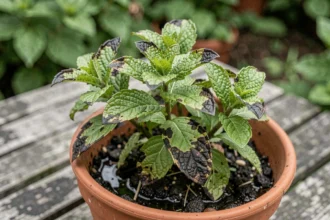 Feuilles de menthe noircissantes dans un pot en terre cuite avec excès d'humidité dans le sol
