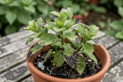 Feuilles de menthe noircissantes dans un pot en terre cuite avec excès d'humidité dans le sol