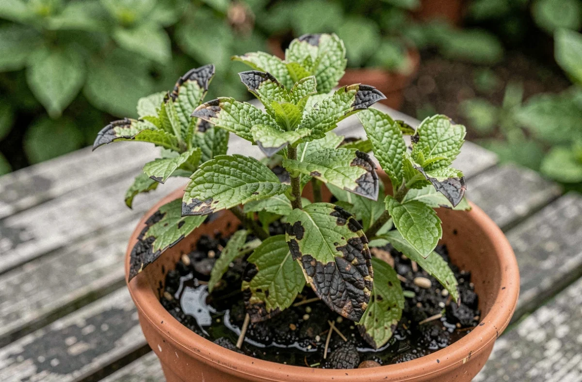 Feuilles de menthe noircissantes dans un pot en terre cuite avec excès d'humidité dans le sol