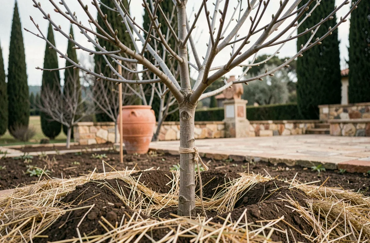 Jeune figuier planté en pleine terre avec paillage de paille dans un jardin méditerranéen en fin d'hiver