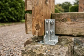 Fixation en métal galvanisé d'une clôture en bois sur muret en pierre, avec boulons inox visibles et bois vieilli