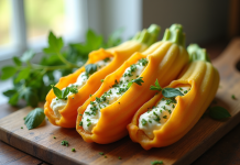 Fleurs de zucchini farcies à la ricotta sur une table en bois