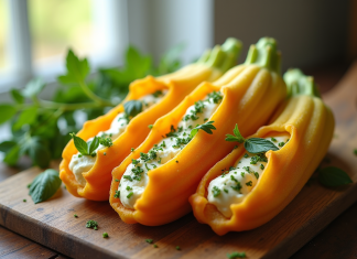 Fleurs de zucchini farcies à la ricotta sur une table en bois