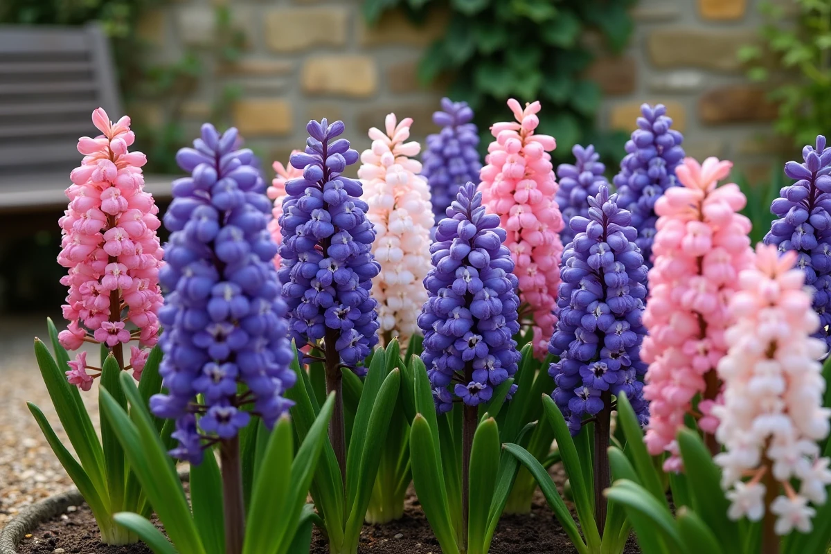 Massif de jacinthes orientalis en pleine floraison printanière dans un jardin résidentiel
