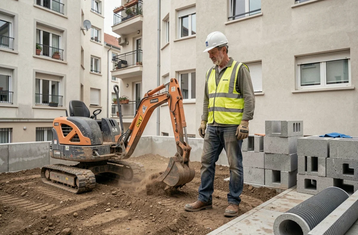 Chef de chantier FMD-BTP SAS supervisant des travaux de terrassement pour un aménagement extérieur