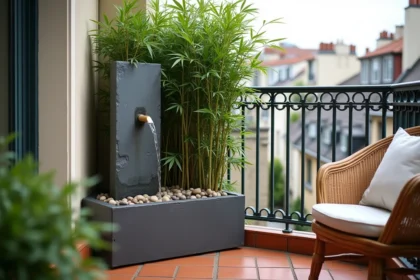 Fontaine bambou d'angle sur petit balcon parisien avec plantes vertes et revêtement en ardoise grise