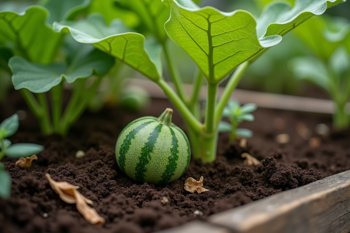Gros plan sur un jeune fruit de melon poussant dans un sol riche en compost au milieu d'un potager en permaculture