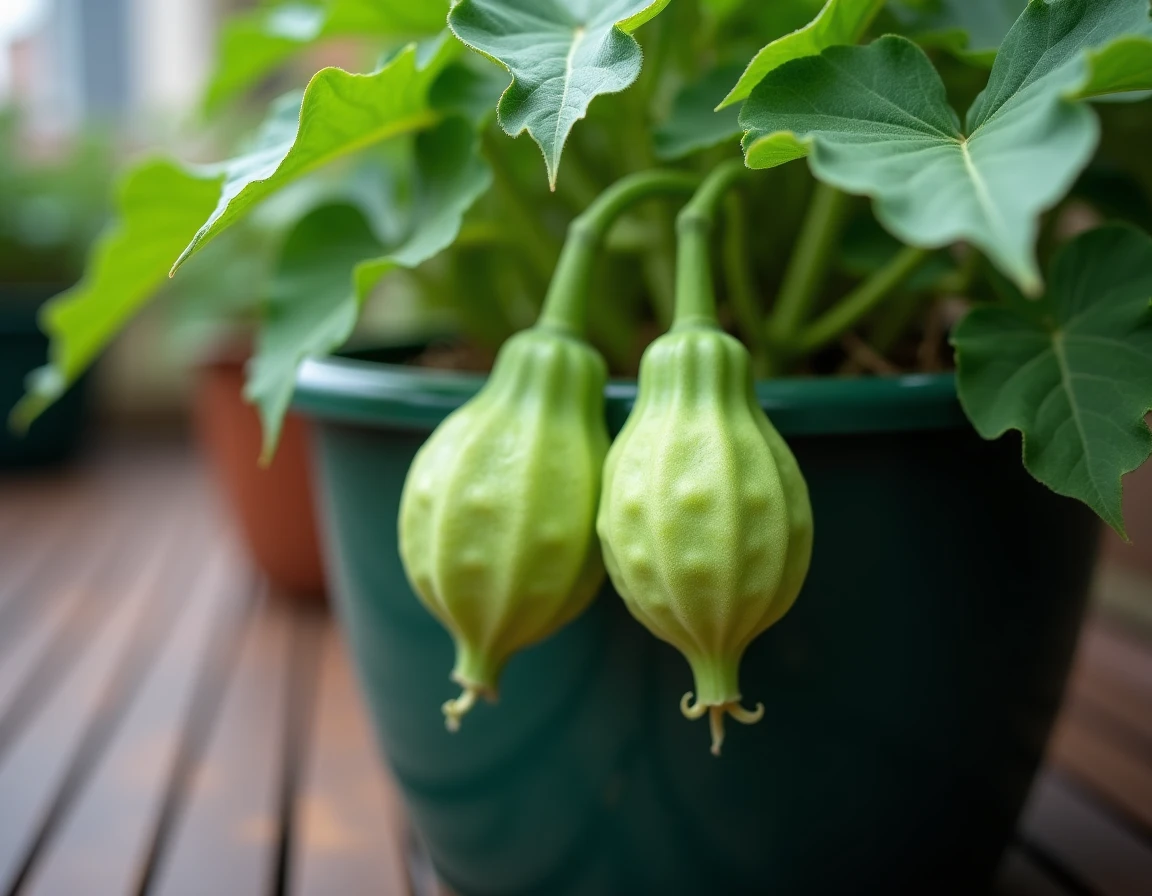 Deux christophines mûres aux reflets vert pâle pendant d'un plant cultivé en pot sur une terrasse en bois
