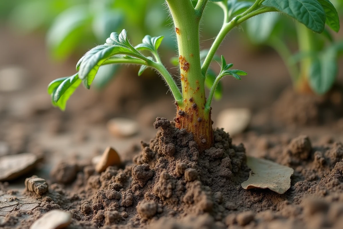 Plant de tomate atteint de fusariose avec tige brunie et feuilles flétries au niveau du sol